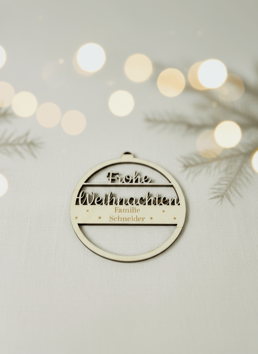 Personalisierter Weihnachtsbaum Anhänger Holz – 10 cm Ornament – Frohe Weihnachten - Surprisely WBA-10-FICHTE-FW