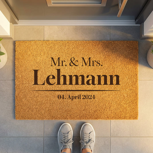 Personalisierte Fußmatte mit Namen | MR & MRS Türmatte aus Kokos und individueller Gravur