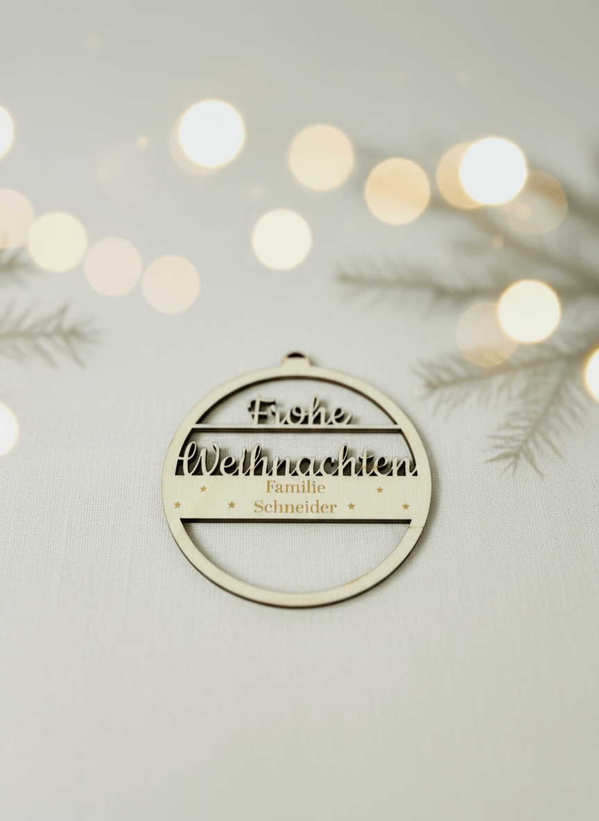 Personalisierter Weihnachtsbaum Anhänger Holz – 10 cm Ornament – Frohe Weihnachten - Surprisely WBA-10-FICHTE-FW
